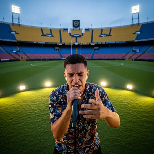 Energetic Hispanic Male Singer Performance at Argentinian Club Stadium