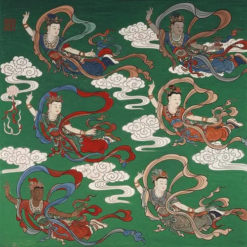 Dunhuang Style Heavenly Beings in Flight