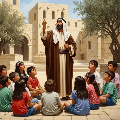 Traditional Oil Painting of Middle Eastern Man and Diverse Group of Children
