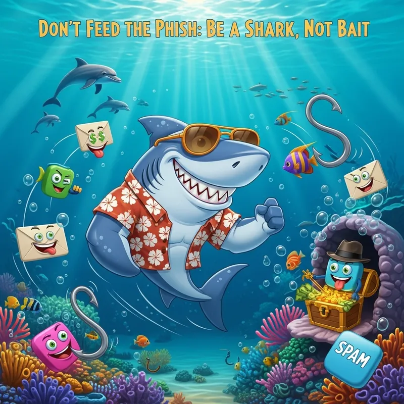 Vibrant Underwater Scene: Shark's Bold Escape from Phishing Tricks