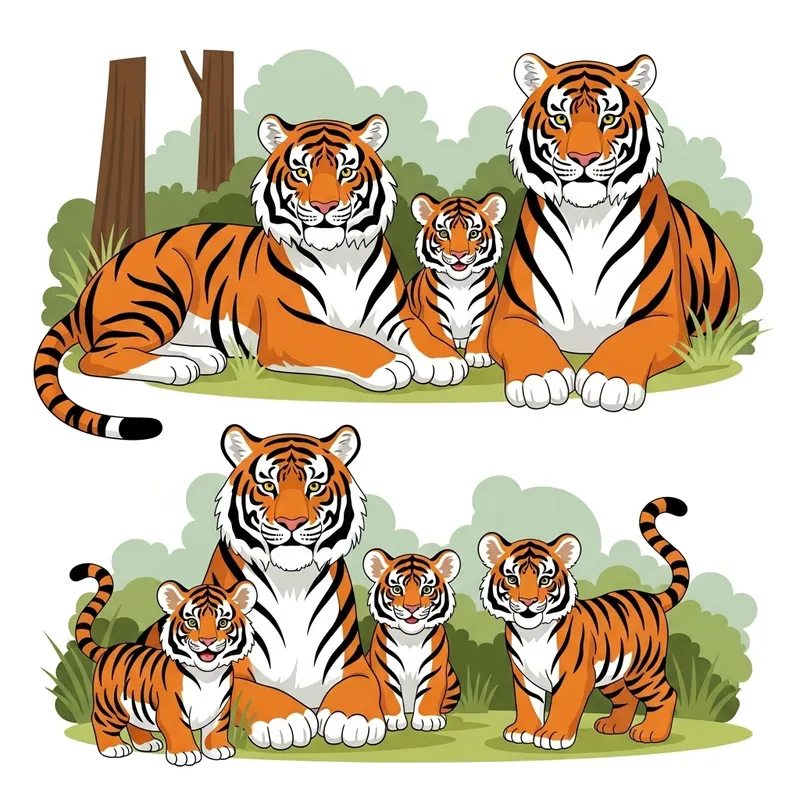 Captivating Tiger Family Illustration | Vector Art for Forest Scene Captivating Tiger Family Illustration | Vector Art for Forest Scene
