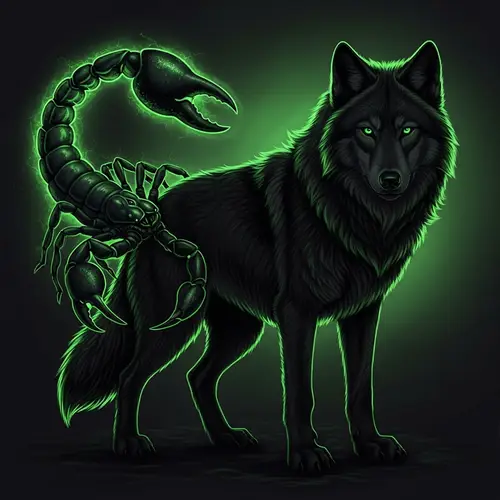 Majestic Black & Neon Green Wolf with Scorpion Tail