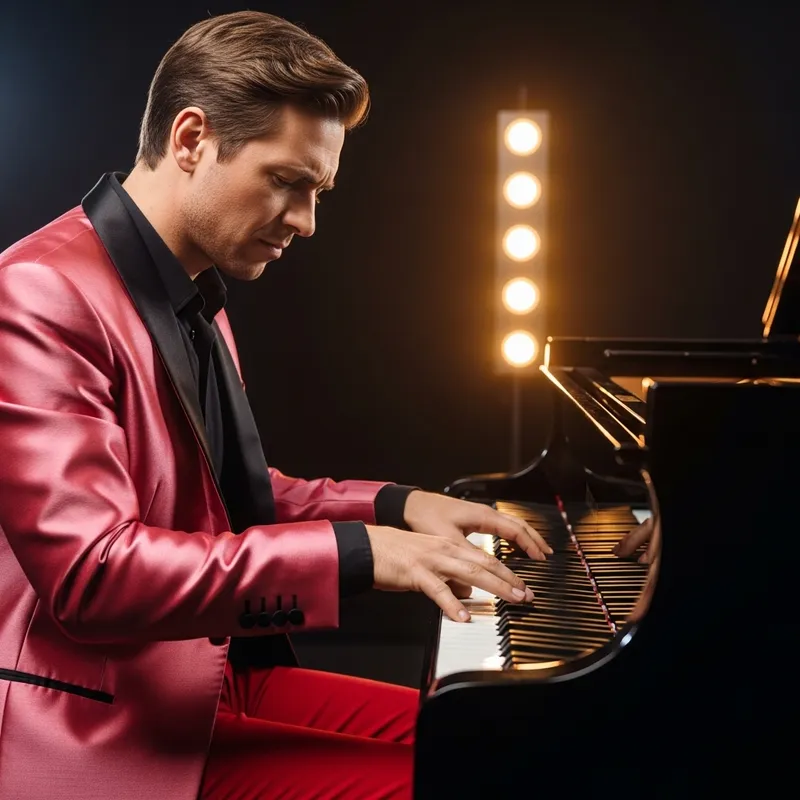 Dynamic Pianist in Stylish Pink & Red Suit Dynamic Pianist in Stylish Pink & Red Suit