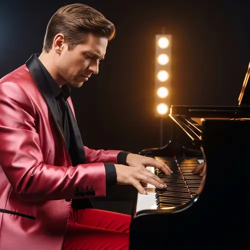 Dynamic Pianist in Stylish Pink & Red Suit