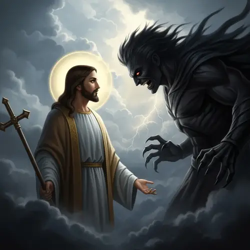 Religious Figure Facing Antagonist - Good vs Evil Battle Scene