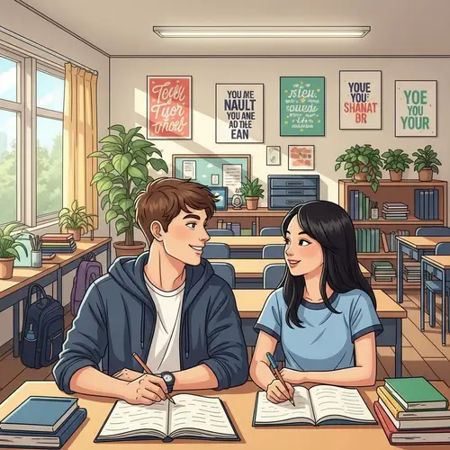 High School Love: Caucasian Boy and Asian Girl Studying Together