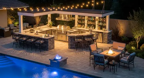 Luxurious Backyard Entertaining: Built-In Grill, Bar Area, Fire Pit