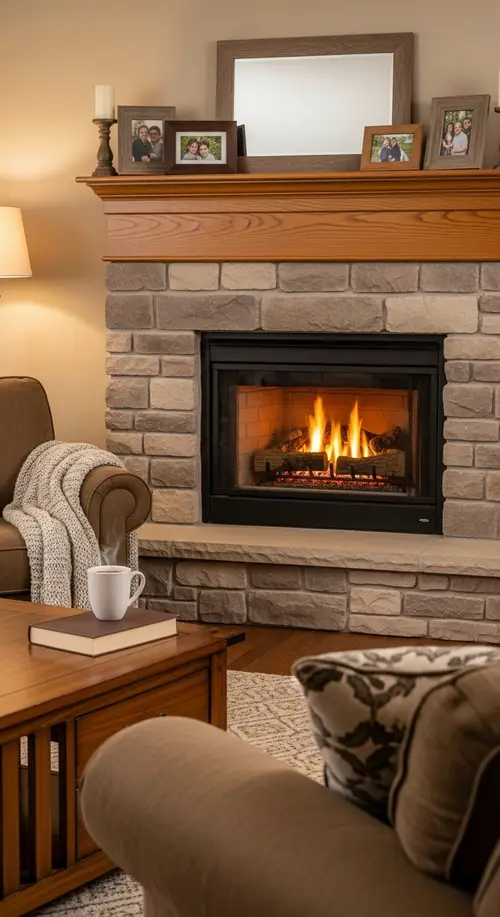 Cozy Living Room with Vintage Stone Fireplace | Home Decor