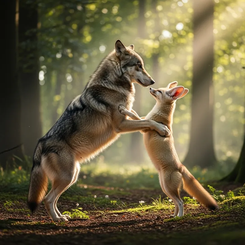 Wolf and Fennec Fox Nuzzle in Serene Moment