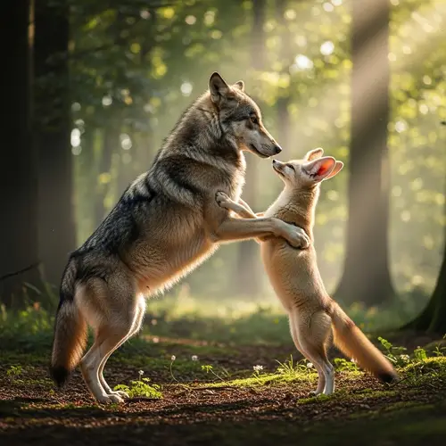 Wolf and Fennec Fox Nuzzle | Wildlife Photography