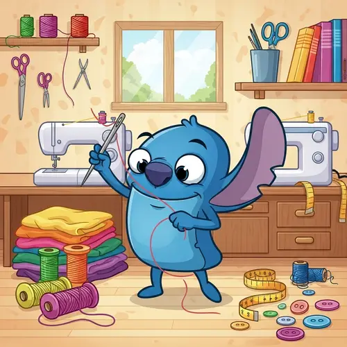 Anthropomorphized Cartoon Stitch in Vibrant Sewing Room