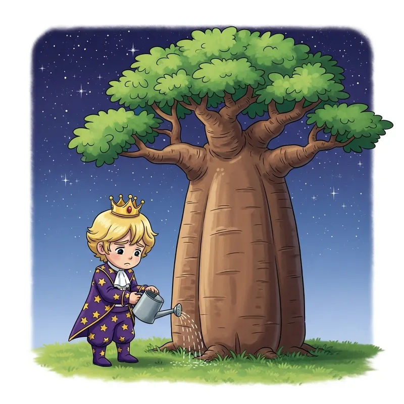 Little Prince Caring for Baobab Tree - Symbol of Responsibility