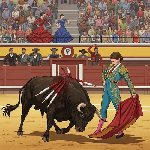 Female Matador Engages Fierce Bull in Traditional Arena