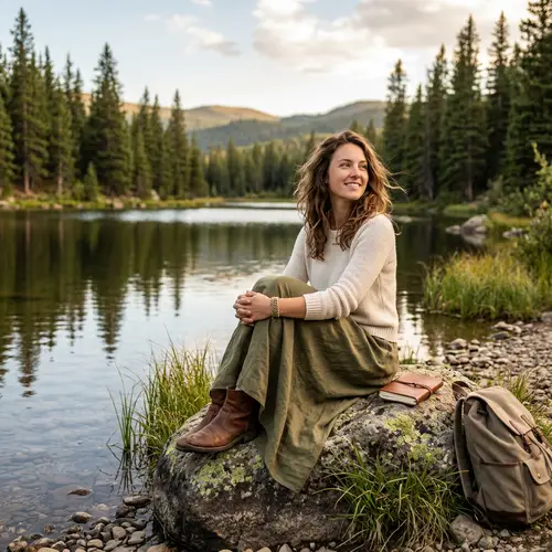Nature-Loving Model Posing by a Serene Lake
