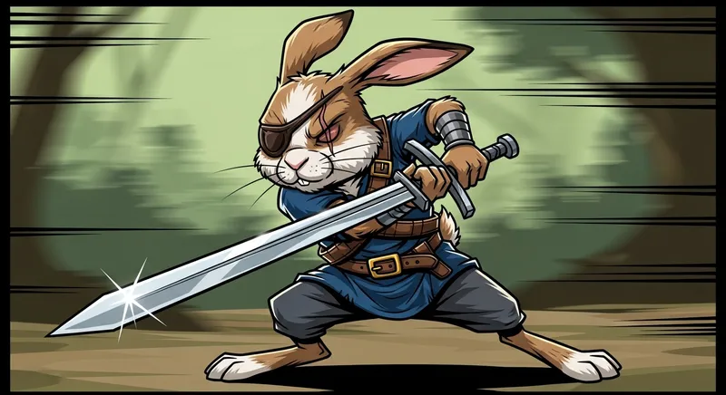 Adorable Rabbit Swordsman with Scar in Daring Stance