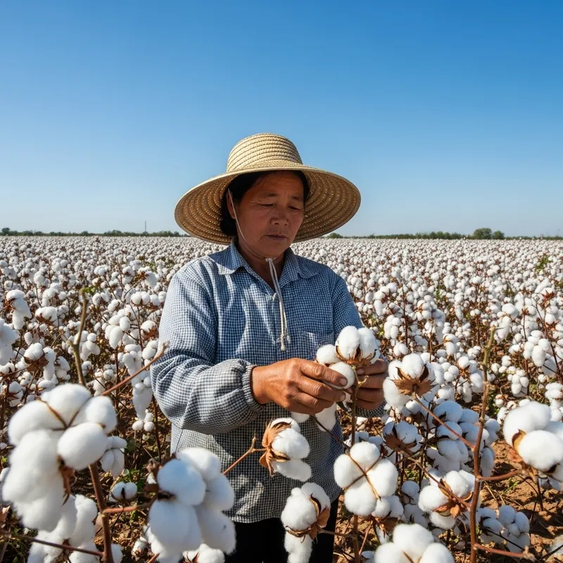 Sunny Cotton Field with Female Farmer