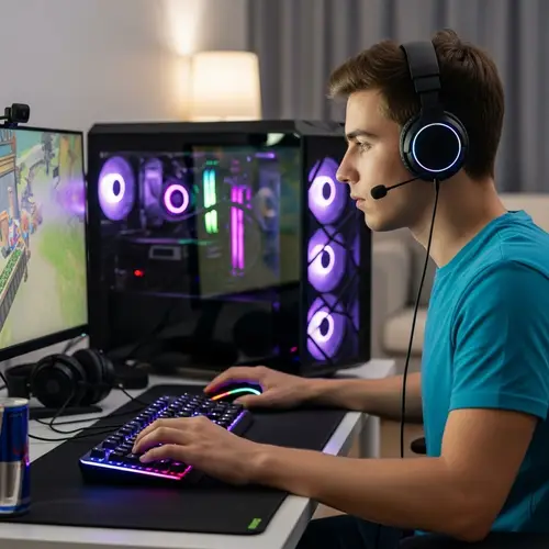 Intense Gaming Session | 18-Year-Old Gamer at Workstation
