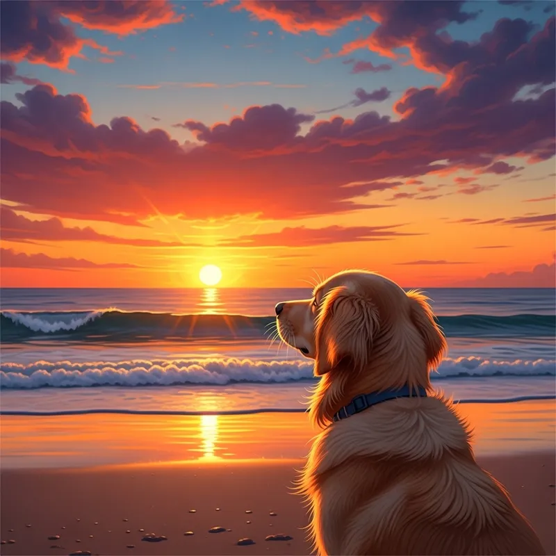 Golden Retriever Enjoying Beach Sunset