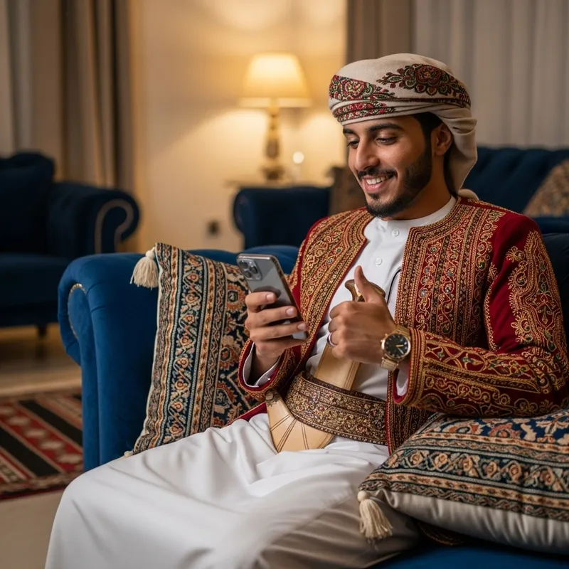 Happy young man in Yemeni attire on sofa using mobile phone