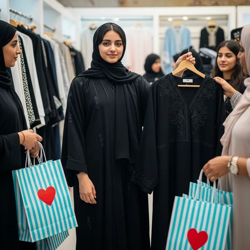Vibrant Boutique Scene with Confident Girl and Black Abayas Vibrant Boutique Scene with Confident Girl and Black Abayas