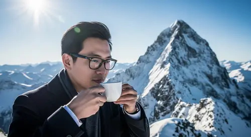 Sophisticated Chinese Man Enjoying Tea on Mountain Summit