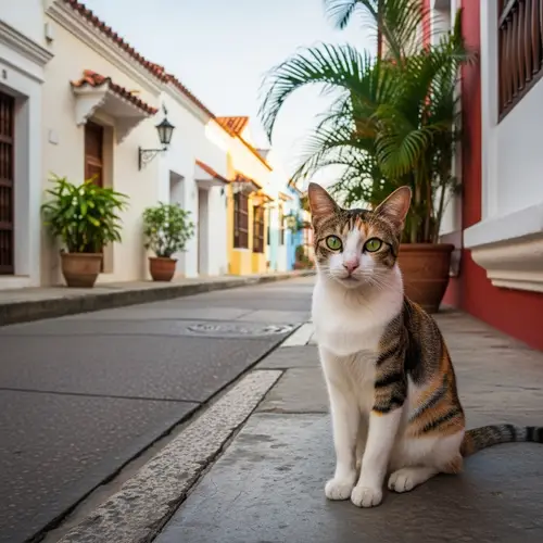 Calico Cat in Cartagena - Colonial Architecture Scene