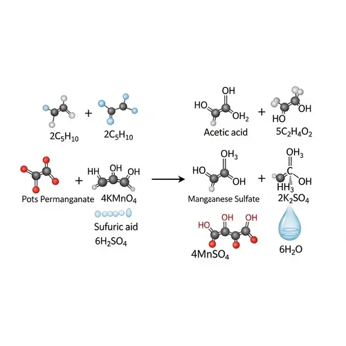 Chemical Reaction Illustration: 2C5H10 + 4KMnO4 + 6H2SO4