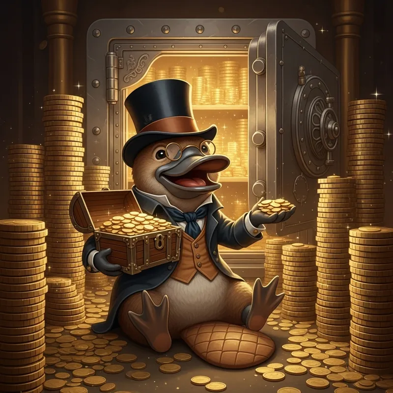 Smiling Donald Duck surrounded by coins in front of a safe