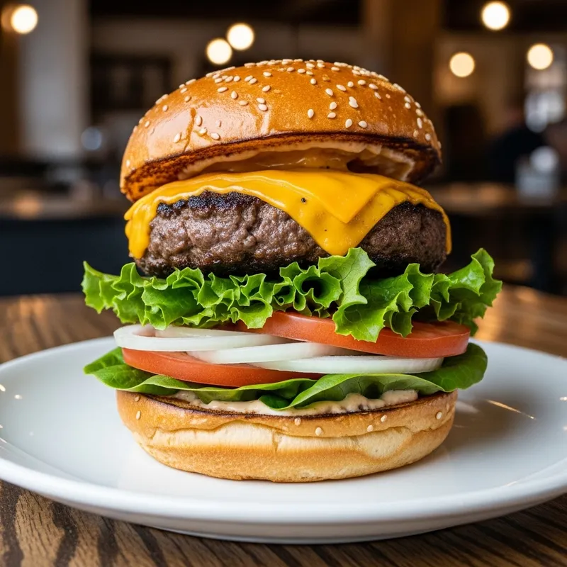 Delicious Hamburger on White Plate | Rustic Restaurant Scene