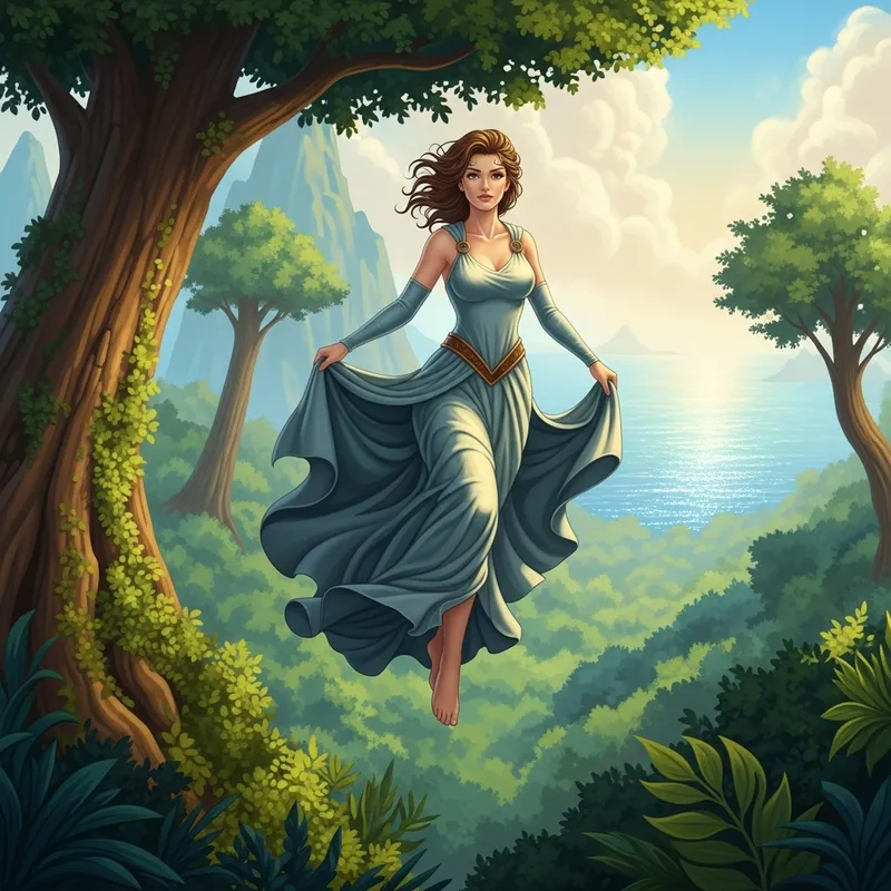 Curvy Woman Soaring High in Epic Fantasy Wilderness Scene
