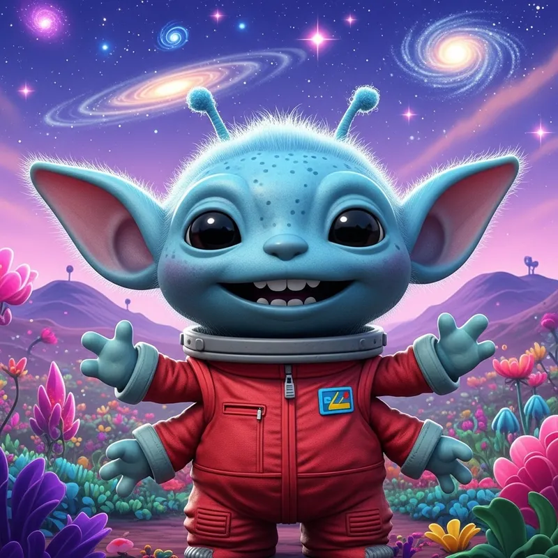 Adorable Blue Alien in Red Spacesuit | Alien Landscape