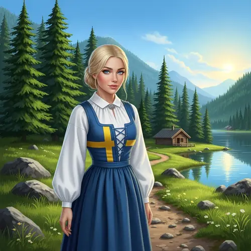 Serene Swedish Woman in Traditional Dress | Landscape View