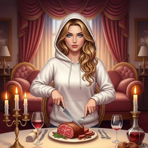 Captivating Woman in Ivory Sweatshirt at Candlelit Dinner