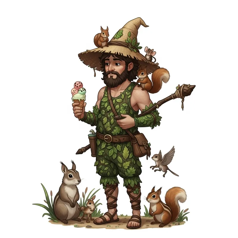 Whimsical Wizard in Swimsuit surrounded by Woodland Creatures