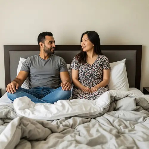 Comfortable King-Size Bed Scene with Middle-Eastern Man and Asian Woman