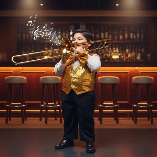 Chubby Hispanic Child Jazz Trombone Player | Nightclub Scene