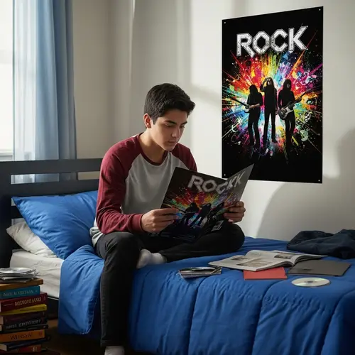 Hispanic Male Teenager Captivated by Rock Poster in Bedroom