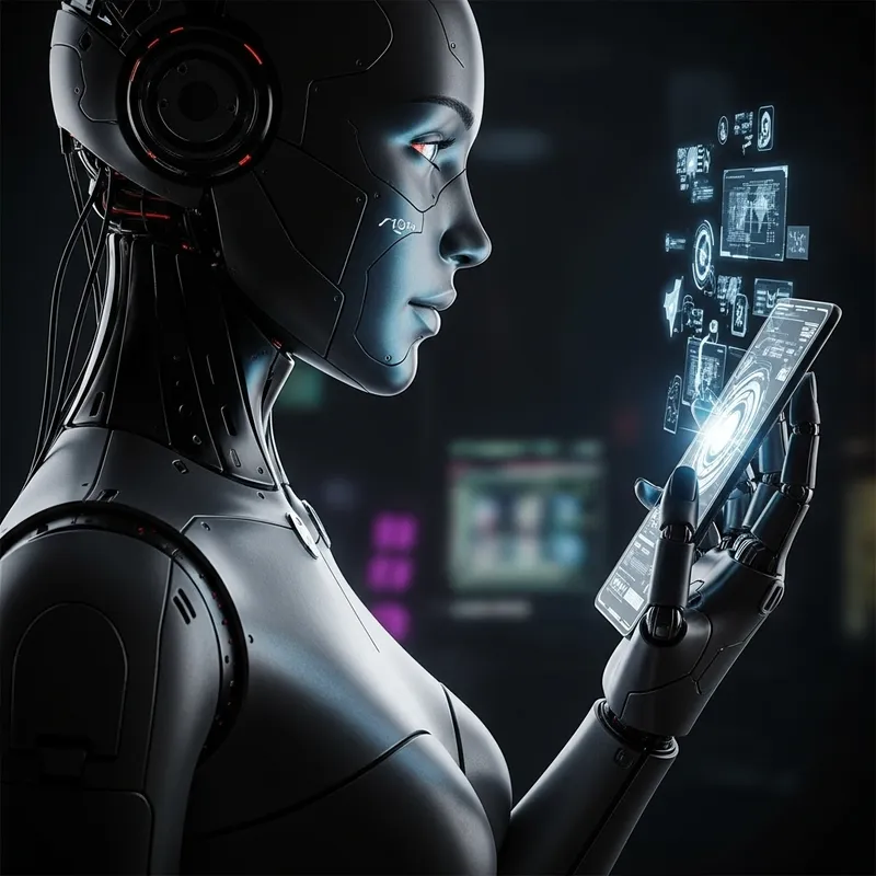 Cute Female Android Holding Phone: Cyberpunk Futuristic Style Cute Female Android Holding Phone: Cyberpunk Futuristic Style