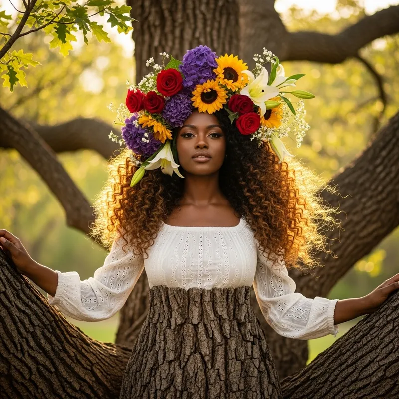 Portrait of a Black Woman with Curly Hair & Flowers Portrait of a Black Woman with Curly Hair & Flowers