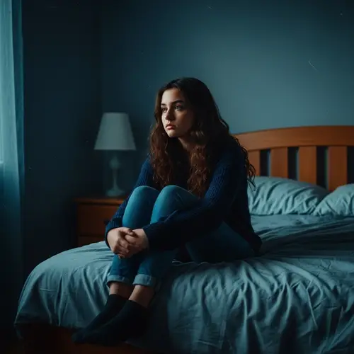 Introspective Teenage Girl in Moody Bedroom - Emotional Portrait