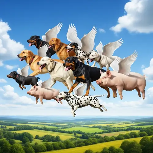 Dogs and Pigs Soaring: Imaginative Scene in the Clear Blue Sky