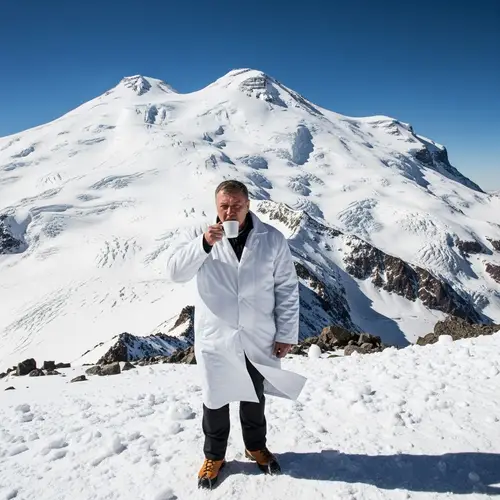 Caucasian Businessman on Mount Elbrus Enjoying Coffee