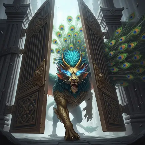 Mythical Beast Emerges from Grand Gate - Enchanting Scene