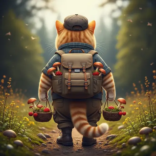 Plump British Orange Tabby Cat in Realistic Hiking Scene