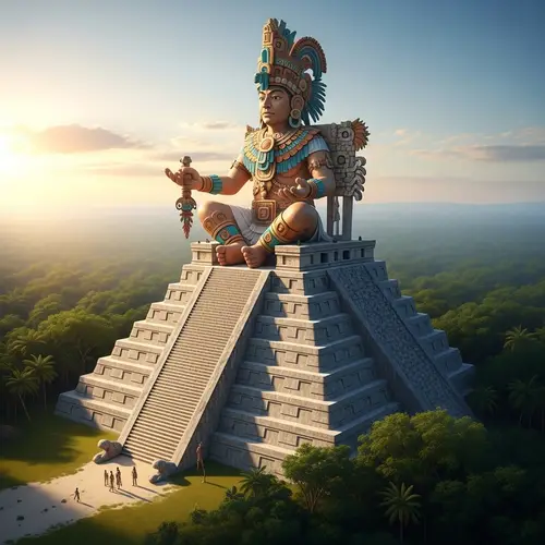 Colossal Maya Deity Seated atop Pyramid