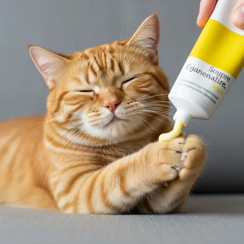 Adorable Scottish Ginger Cat Squeezing Yellow Cream - High Resolution Photo