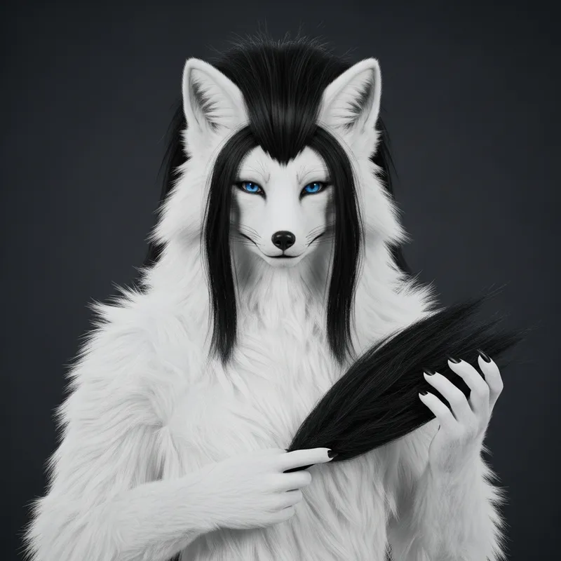 Mystical White Fox with Long Black Hair and Blue Eyes Mystical White Fox with Long Black Hair and Blue Eyes