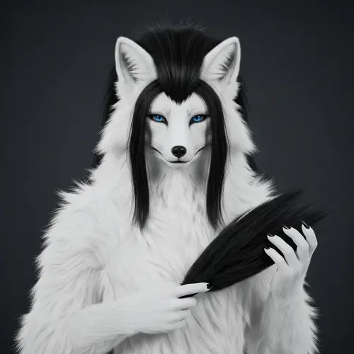 Mystical White Fox Figure with Jet-Black Mane