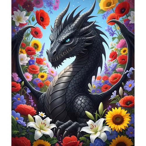 Majestic Black Dragon Among Vibrant Flowers
