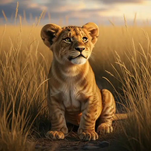 Young Lion Cub in African Savannah